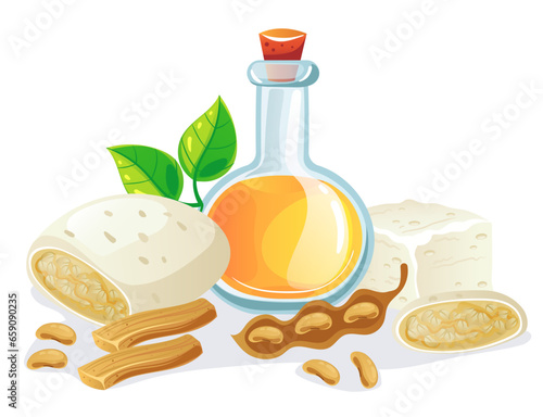 Soy product milk oil food protein soya bean oat concept. Vector flat graphic design illustration