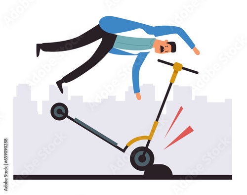 Electric scooter fall falls broken concept. Vector flat graphic design illustration
