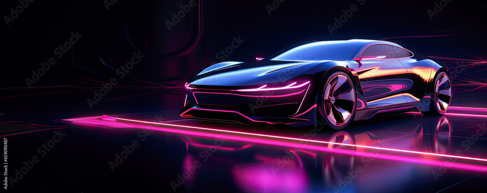 custom made wallpaper toronto digitalFuturistic banner on dark background, neon electric car, copy space
