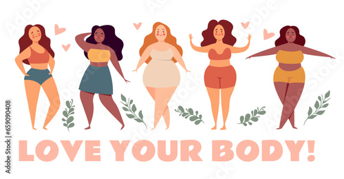 Body positive women acceptance fat bikini concept. Vector flat graphic design illustration