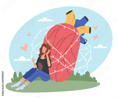 Heart broken heartbroken love sorrow sad syndrome relationship breakup concept. Vector flat graphic design illustration