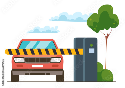 Car entrance entry system enter barrier gate access vehicle concept. Vector flat graphic design illustration