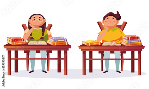 Boring school children tired sleepy problem concept. Vector flat graphic design illustration