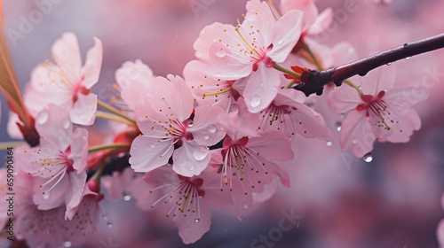 Beautiful cherry blossom in the rain. Spring season. Soft focus