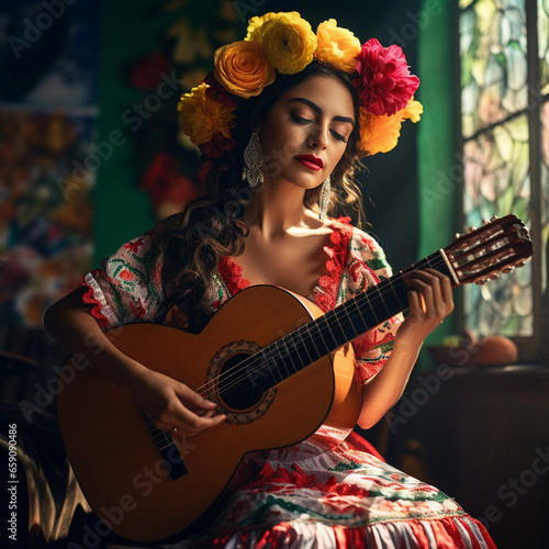 Beautiful Mexican Latina woman, wearing a floral headband and typical Mexican dress playing the guitar maybe a bolero