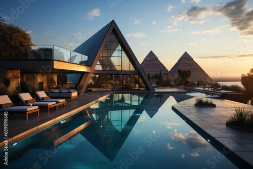Modern architecture penthouse with pyramids in the background. photo