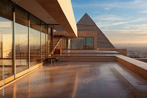Modern architecture penthouse with pyramids in the background.