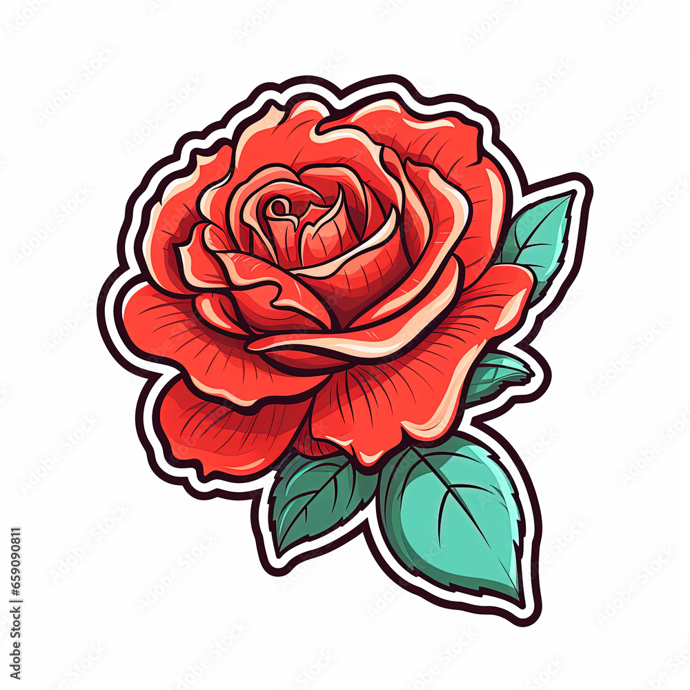 Simple red rose sticker style on white. Flower icon sign. Simple red rose sticker style on white. Flower icon sign.