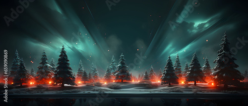 Christmas and New Year banner in dark green with fir trees and northern lights with copy space