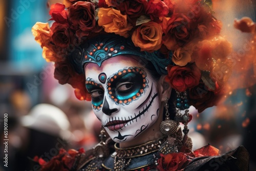 Portrait of a person with scull make up mask on Dia de los Muertos day on the day of the dead parade