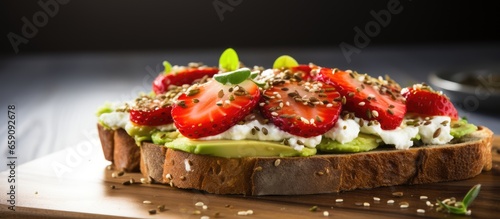 Healthy keto recipe Avocado toast with strawberries soft cheese chia seeds on a light background