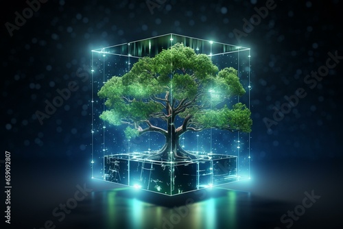 A digital cube expands a tree - fusion of technology and nature. Blue illumination with wireframe network backdrop, representing csr, green tech, computing. Generative AI