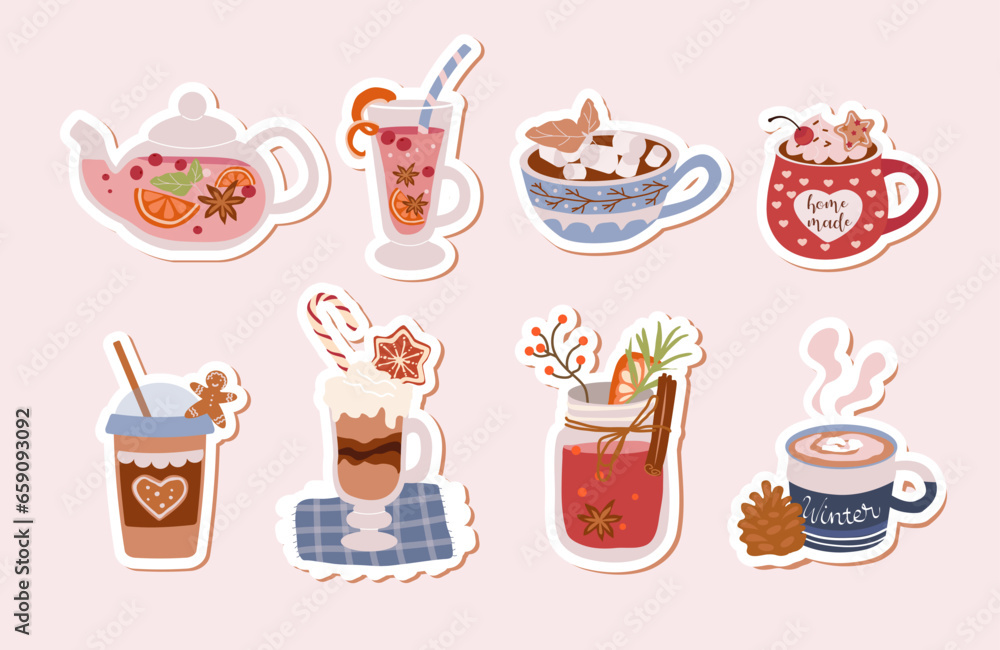 Set stickers . Winter hot drinks.Vector illustration Set stickers . Winter hot drinks.Vector illustration