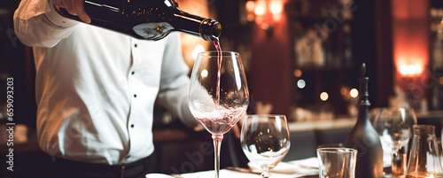 A waiter in a white shirt pours red wine from a bottle into a glass close-up. Banner.