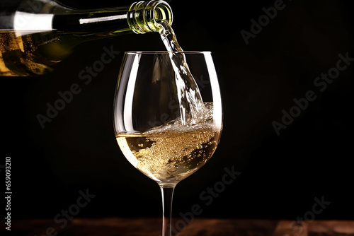 pours white wine from a wine bottle into a glass close-up on a dark background