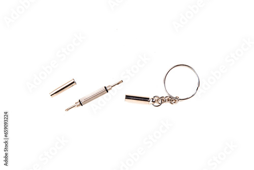 Tiny silver screwdriver keychain eyeglass kit in pieces top down