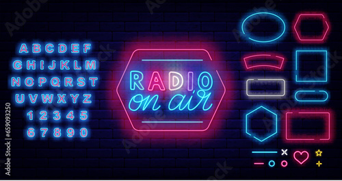 Radio on air neon sign. Streaming label. Online streaming concept. Geometric frames collection. Vector illustration
