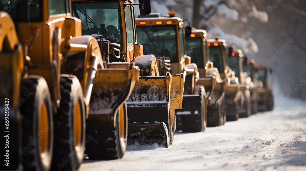 Heavy snow plow equipment on snowy road - obrazy, fototapety, plakaty 