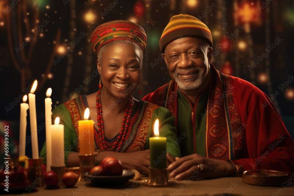 Happy couple in traditional clothes celebrating Kwanzaa