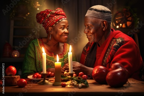 Happy couple in traditional clothes celebrating Kwanzaa photo