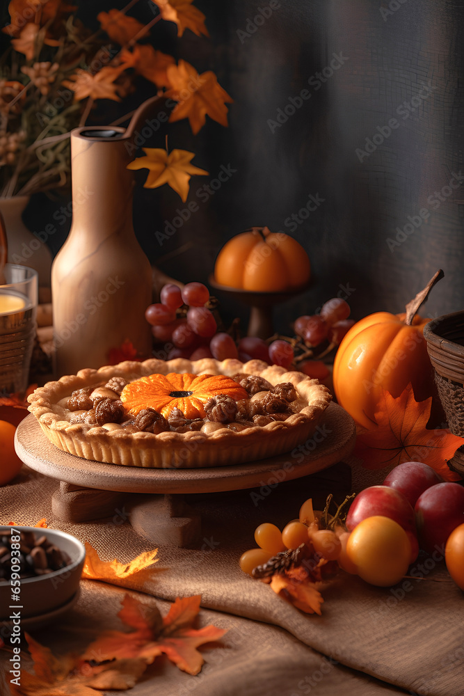 Traditional American pumpkin pie on festive table decorated for Thanksgiving Day. Small pumpkins and yellow leaves as decoration.