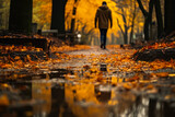a man walks through an autumn park with golden foliage after the rain generative ai