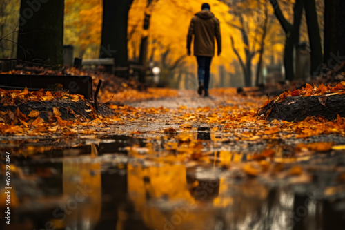 a man walks through an autumn park with golden foliage after the rain generative ai