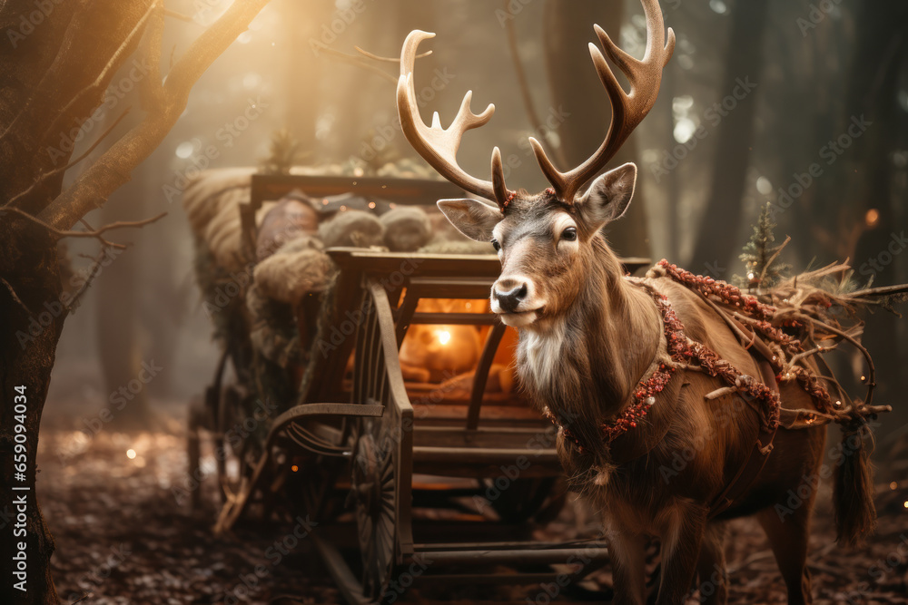 deer carrying a cart with Christmas gifts generative ai