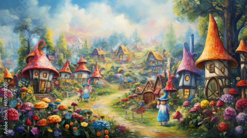 Fairy gnome village illustration with tiny houses in colorful blooming landscape for storybook, children´s book or game background.