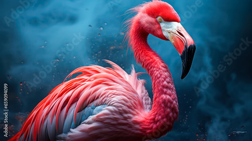 Pink colored flamingo standing on blue background