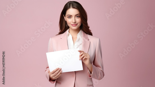 businesswoman wearing pink suit holding empty paper isolated on pink background