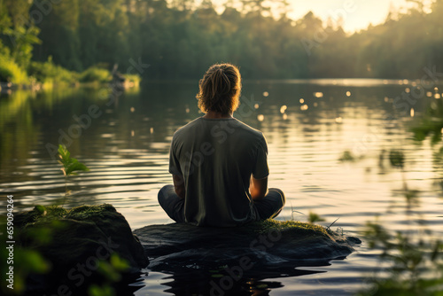 man meditating on the river bank generative ai © Fukume