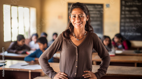 Mexican teacher in the classroom smiles at the camera, behind her are her students, she is proud of teaching elementary school children
