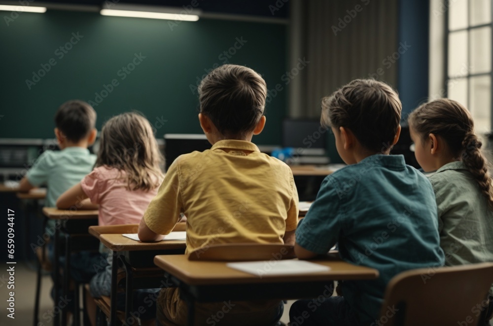 Group of children sitting in classroom, back view. Elementary school education Group of children sitting in classroom, back view. Elementary school education
