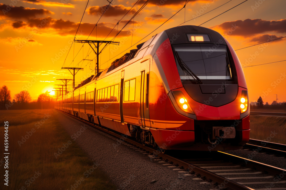 red fast high-speed train against the background of the evening sun generative ai red fast high-speed train against the background of the evening sun generative ai