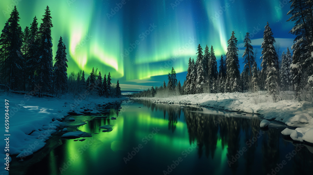 Northern lights hover in the sky over a lake