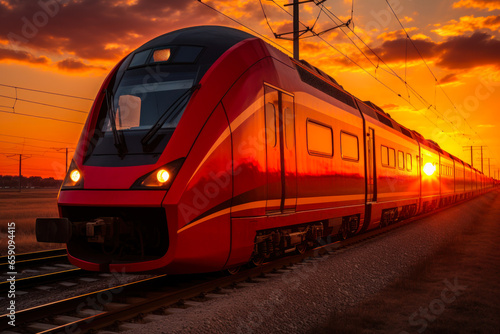 red fast high-speed train against the background of the evening sun generative ai
