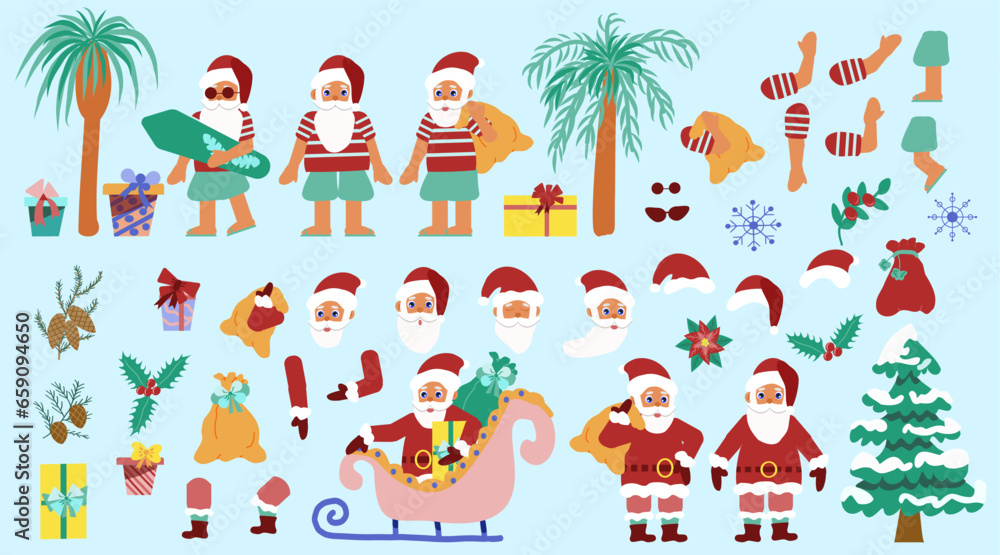 Naklejka premium Classic and tropical Santa Claus design, Christmas in Hawaii and Santa Claus in shorts, New Year's character and Xmas elements in a flat style.