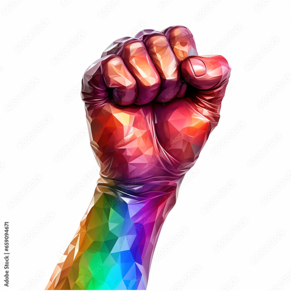 Clenched fist indicating protest, with the flag of the LGBTQ+ community Clenched fist indicating protest, with the flag of the LGBTQ+ community