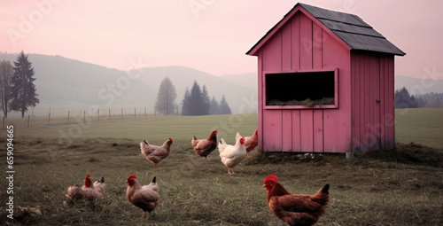 rooster on the farm with pink chicken coop