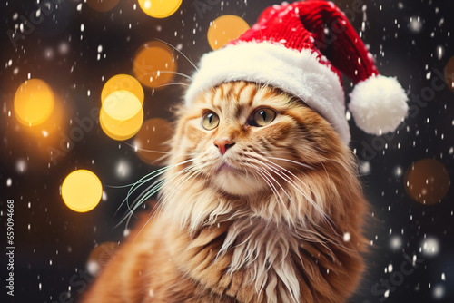 Portrait of a red cat in a Santa Claus hat on a blurred background with snowflakes and lights.