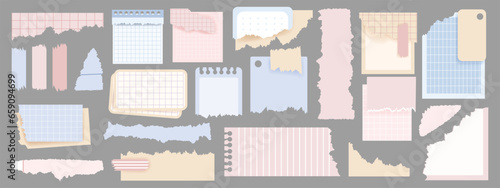 Torn rip paper set, texture edge note piece, vector white scrapbook strips frame kit, notepad shreds. Tattered label sheets, blank grunge distressed cut memo, tag design element. Torn paper collection