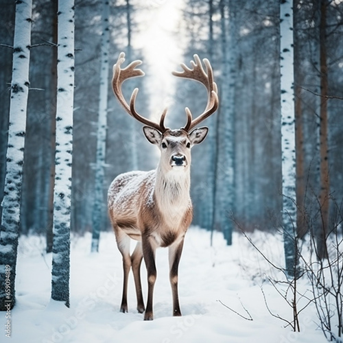 Christmas reindeer in a snowy forest  wild nature  Christmas  Santa Claus