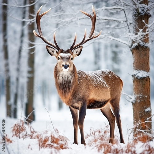 Christmas reindeer in a snowy forest, wild nature, Christmas, Santa Claus