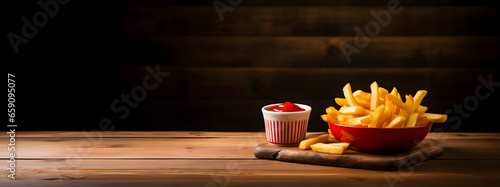 french fries, french-fried potatoes, finger chips, or simply fries with ketchup on a wooden table, Free space for text photo