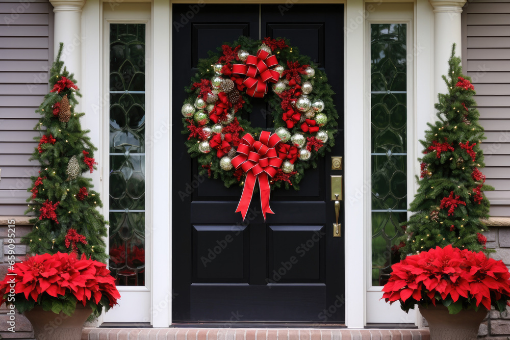A decorated house door for the holiday season