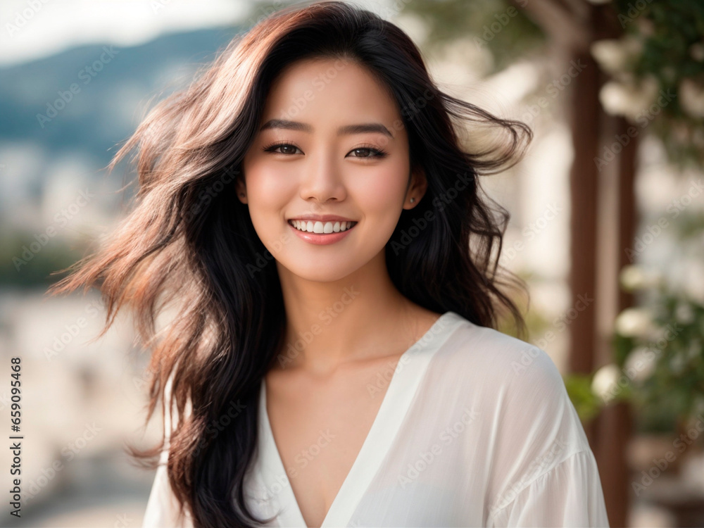 Smiling Korean woman with black hair in a garden.