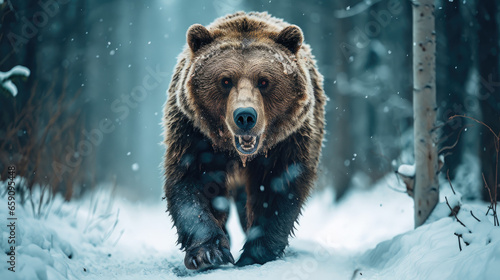 brown bear in the snow forest