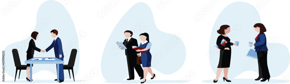 Business people at the office set. Characters working at home office and coworking space. People talking with colleagues, planning corporate strategy. Business people at the office set. Characters working at home office and coworking space. People talking with colleagues, planning corporate strategy.