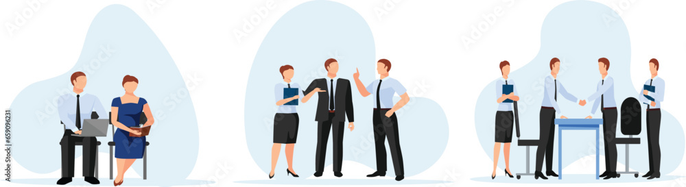 Fototapeta premium Business people at the office set. Characters working at home office and coworking space. People talking with colleagues, planning corporate strategy.